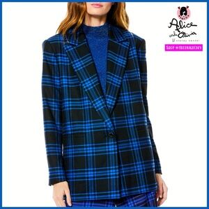 Alice + Olivia Denny Notch Collar Boyfriend Blue Black Alpine Plaid Blazer